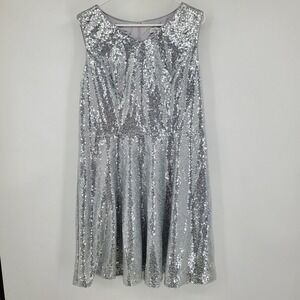 Dressever Fit Flare Silver Sequin Mini XXXL Holiday Glam NYE Disco Party Dress